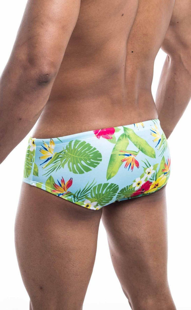 Oceanico swim brief light blue swim trunks with green monstera leaves red and yellow bird of paradise flowers and white frangipani