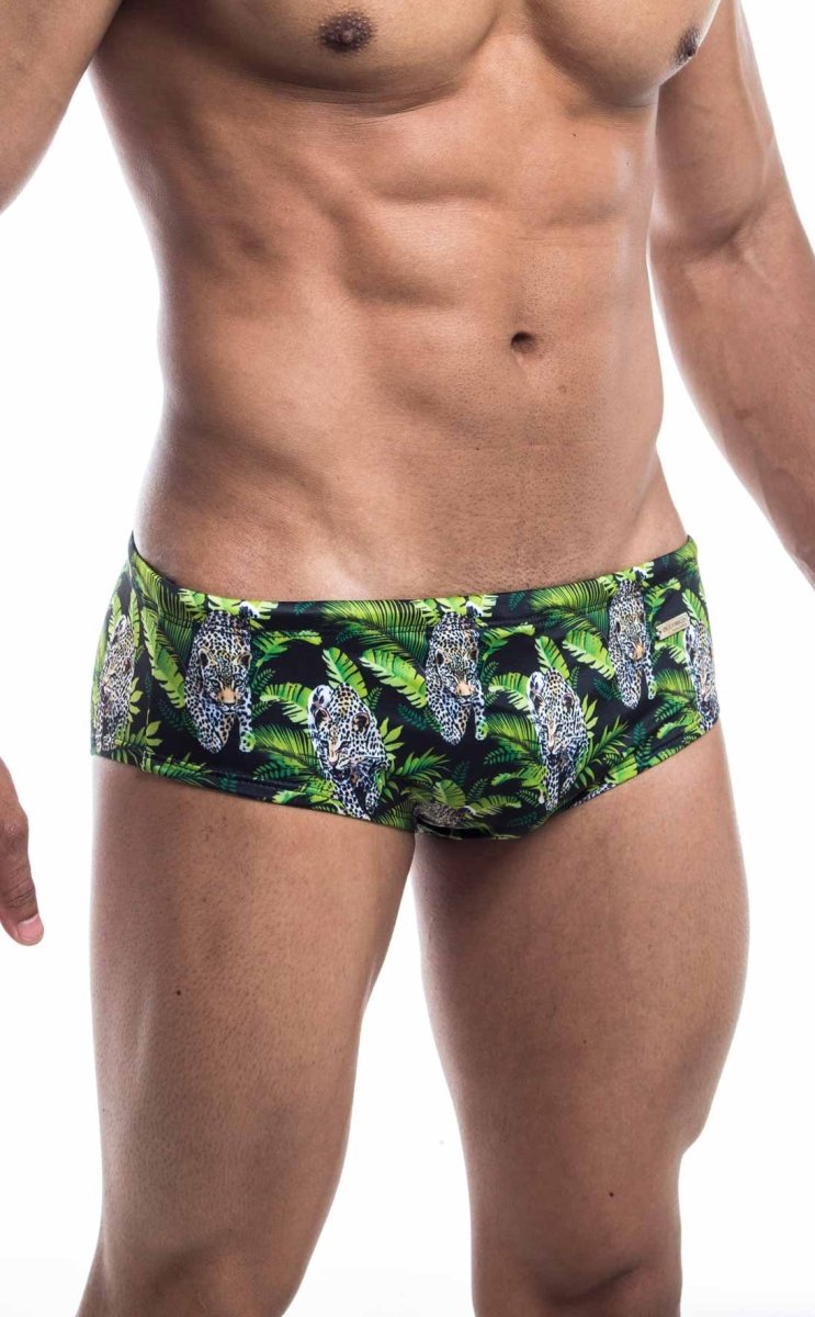 Oceanico swim brief green and black with bold leopard print and tropical foliage pattern for swimming and beachwear