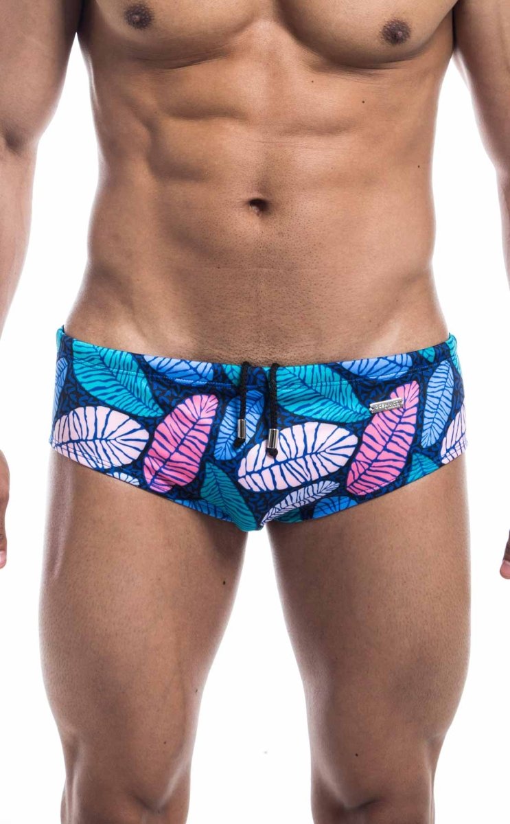 Oceanico swim brief blue and pink tropical leaf patterned swim trunks with black drawstring for beachwear