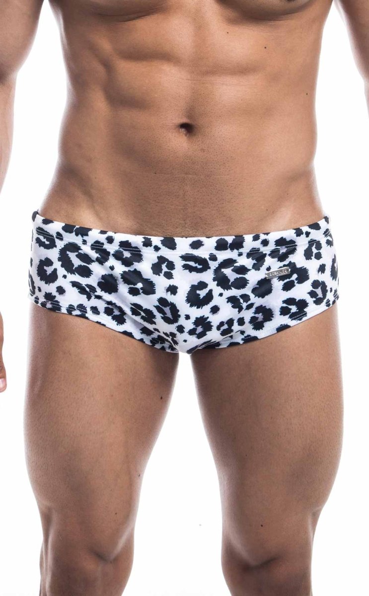 Oceanico swim brief in white swim trunks with black leopard print pattern made for swimming and beachwear