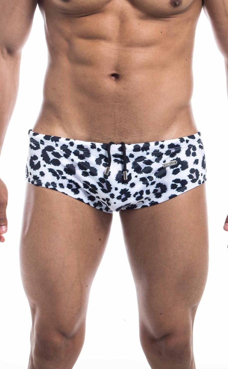 Oceanico swim brief white swim trunks with black leopard print pattern designed for swimming and beachwear