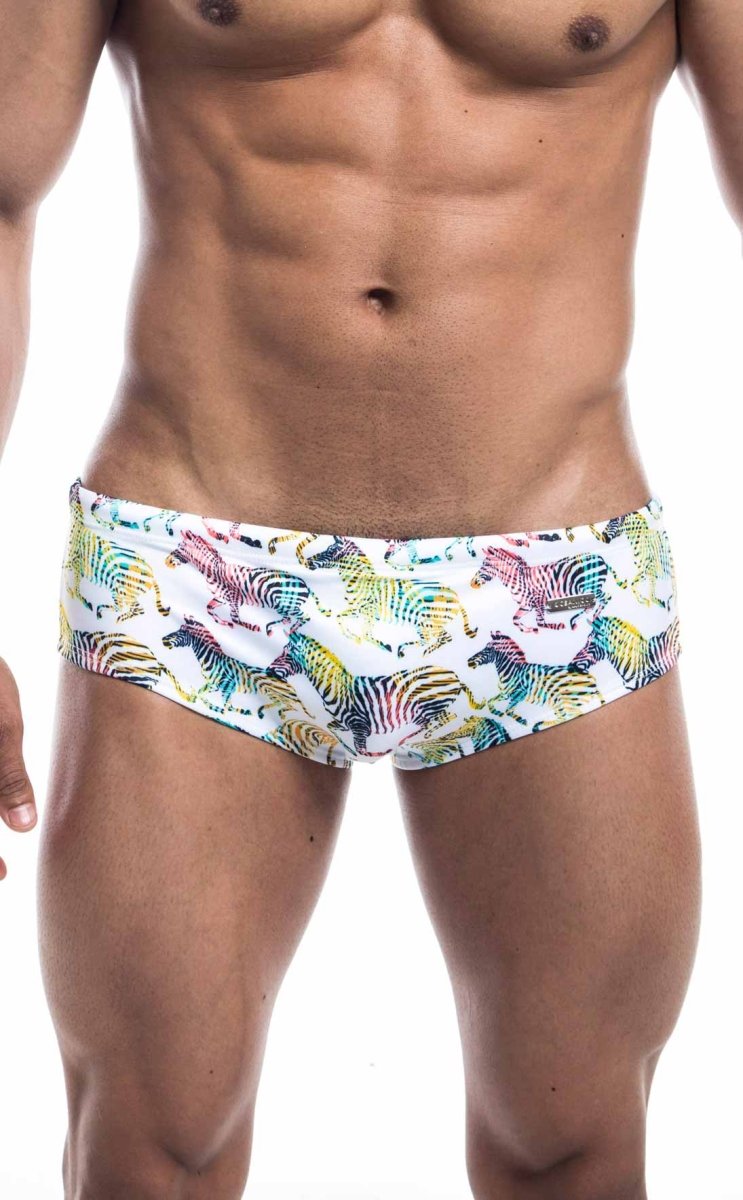 Oceanico swim brief in white with vibrant rainbow zebra pattern swim trunks for stylish beachwear