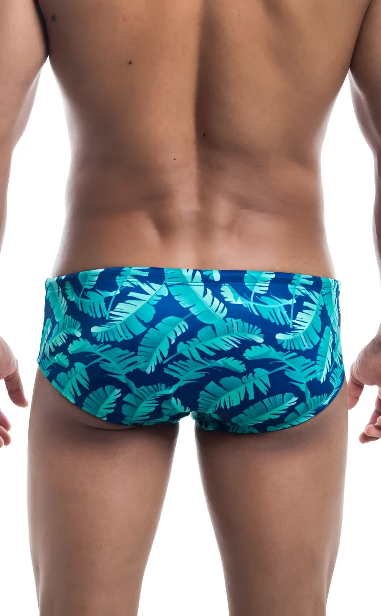 Oceanico swim brief in teal and blue tropical leaf pattern designed for comfortable beach and pool wear