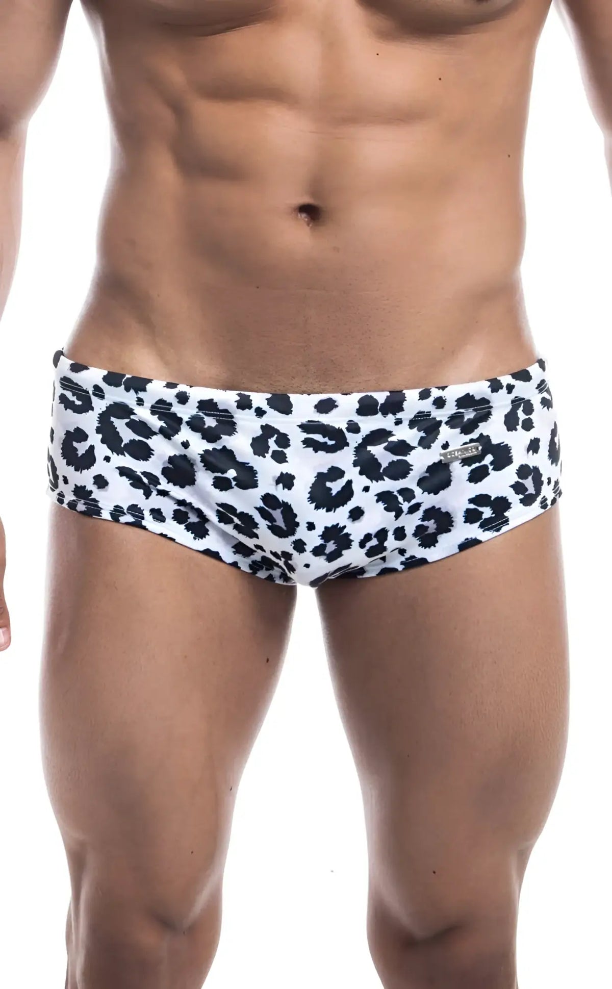 Oceanico swim brief white swim trunks with black leopard print pattern designed for beach and pool use