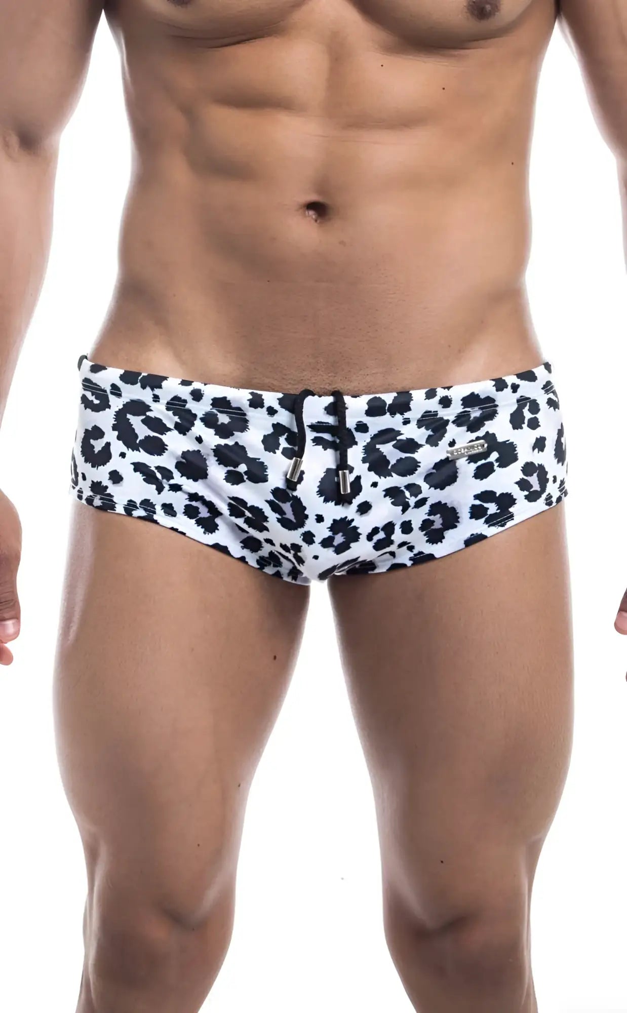 Oceanico swim brief white swim trunks with black leopard print pattern designed for beach and pool use