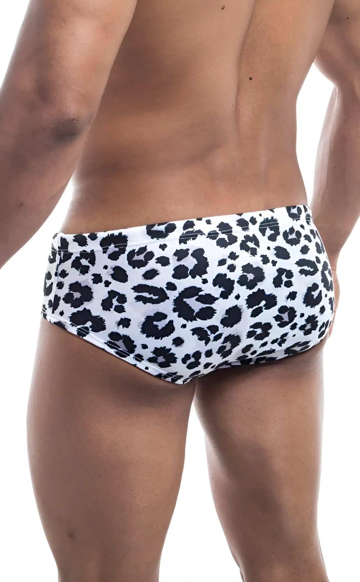 Oceanico swim brief white swim trunks with bold black leopard print pattern for stylish beachwear