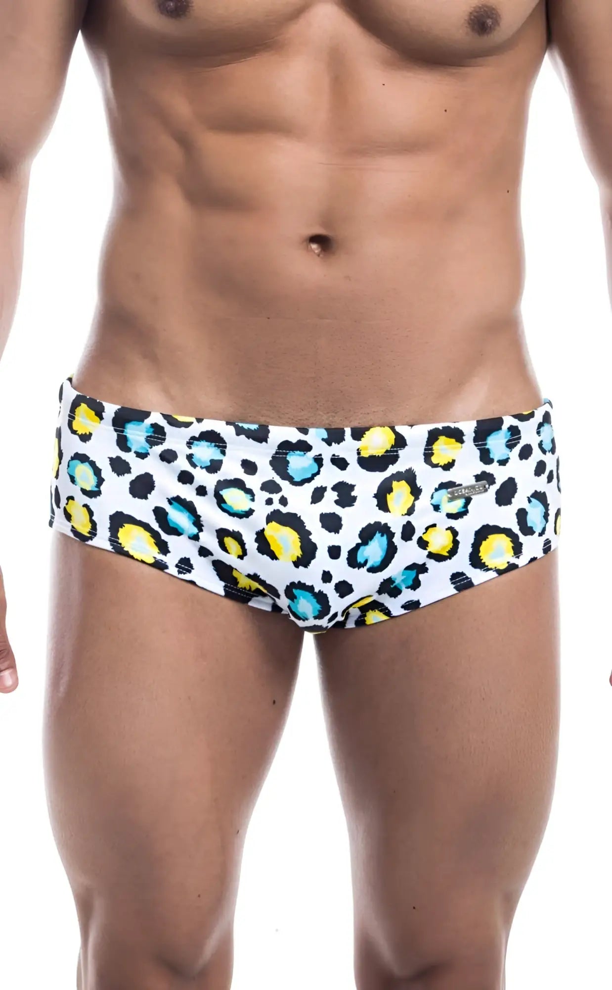 Oceanico swim brief in white with bold leopard print featuring yellow and teal spots for stylish swimwear