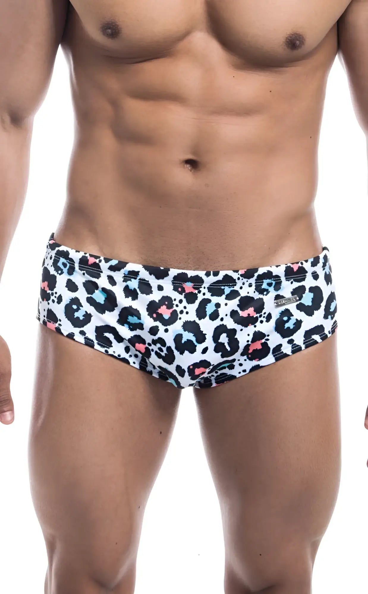 Oceanico swim brief white swim trunks with bold leopard print black spots and pink and light blue accents