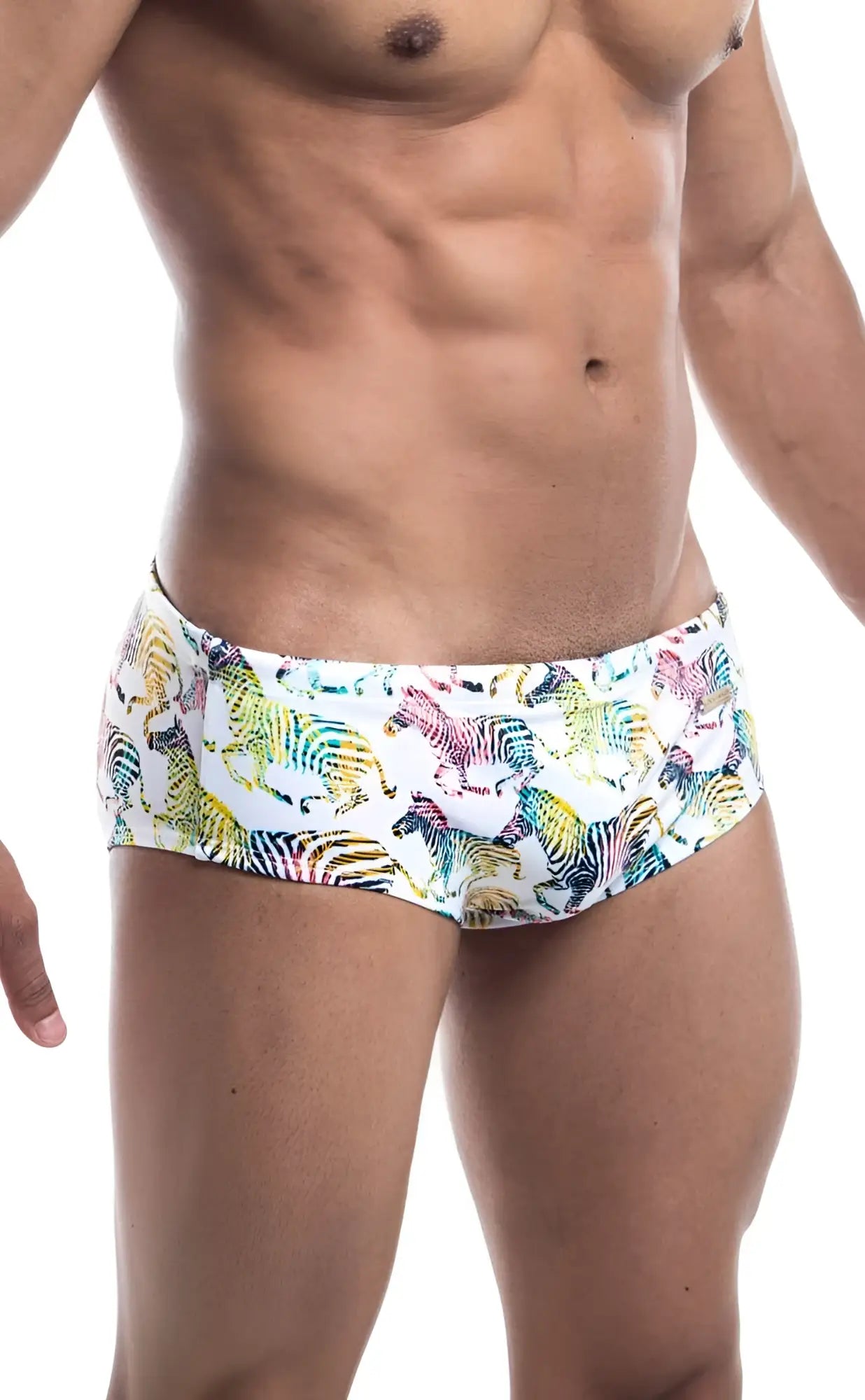 Oceanico swim brief in white fabric with vibrant multicolored zebra print pattern perfect for beachwear
