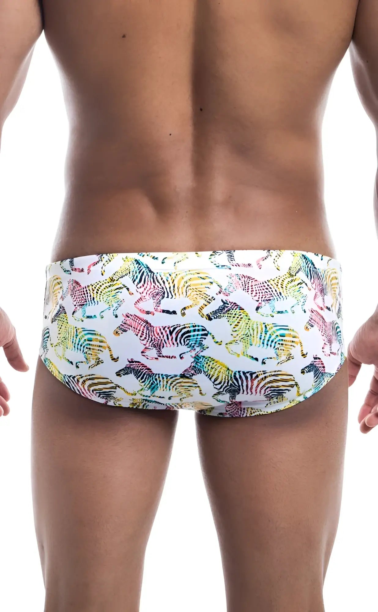 White oceanico swim brief swim trunks with vibrant rainbow zebra pattern for beach and pool use
