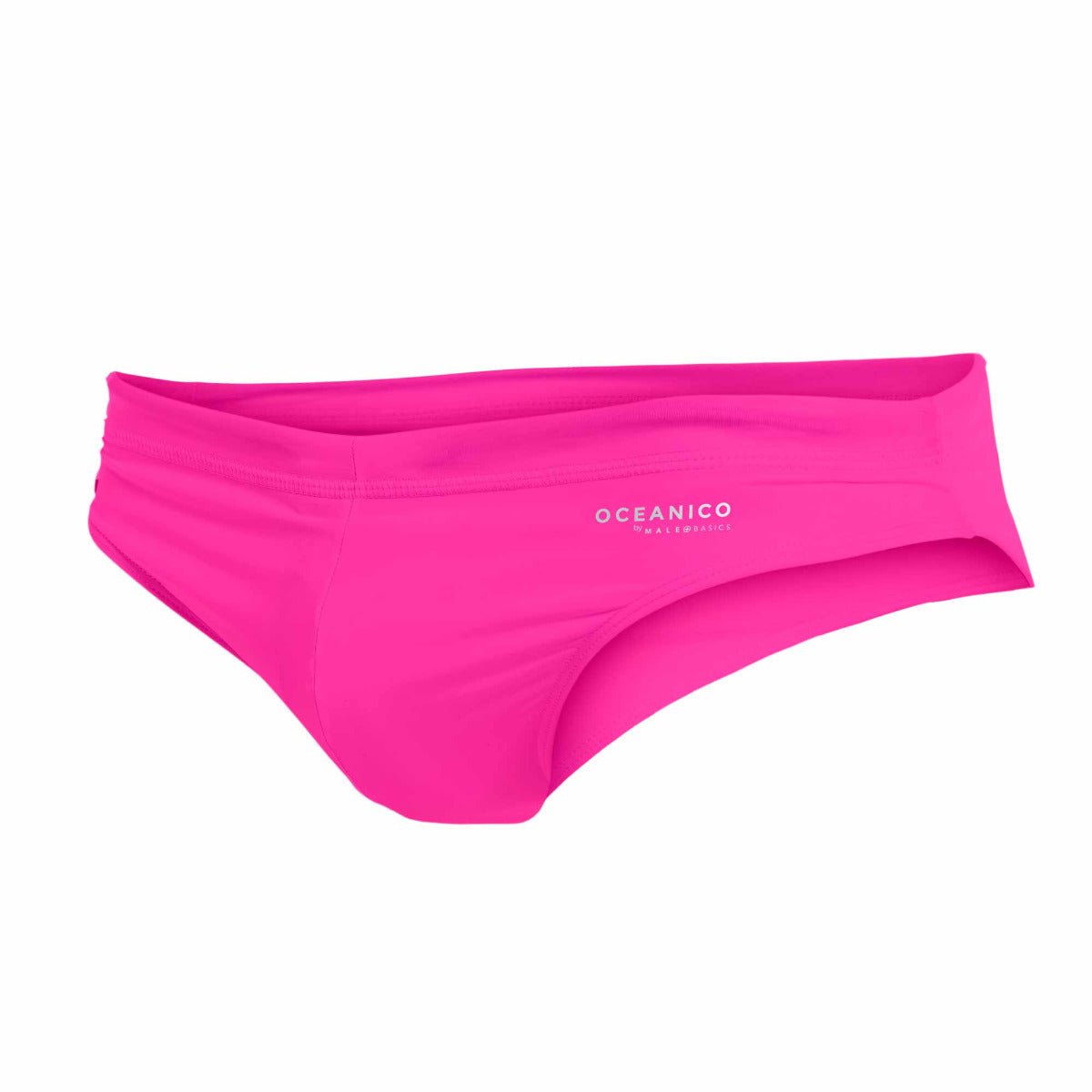 Bright pink oceanico swim briefs with smooth stretchy fabric and subtle brand logo on the front