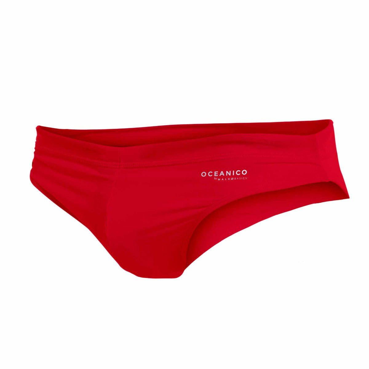 Red oceanico women’s swim briefs with sleek form-fitting design and subtle white branding front view