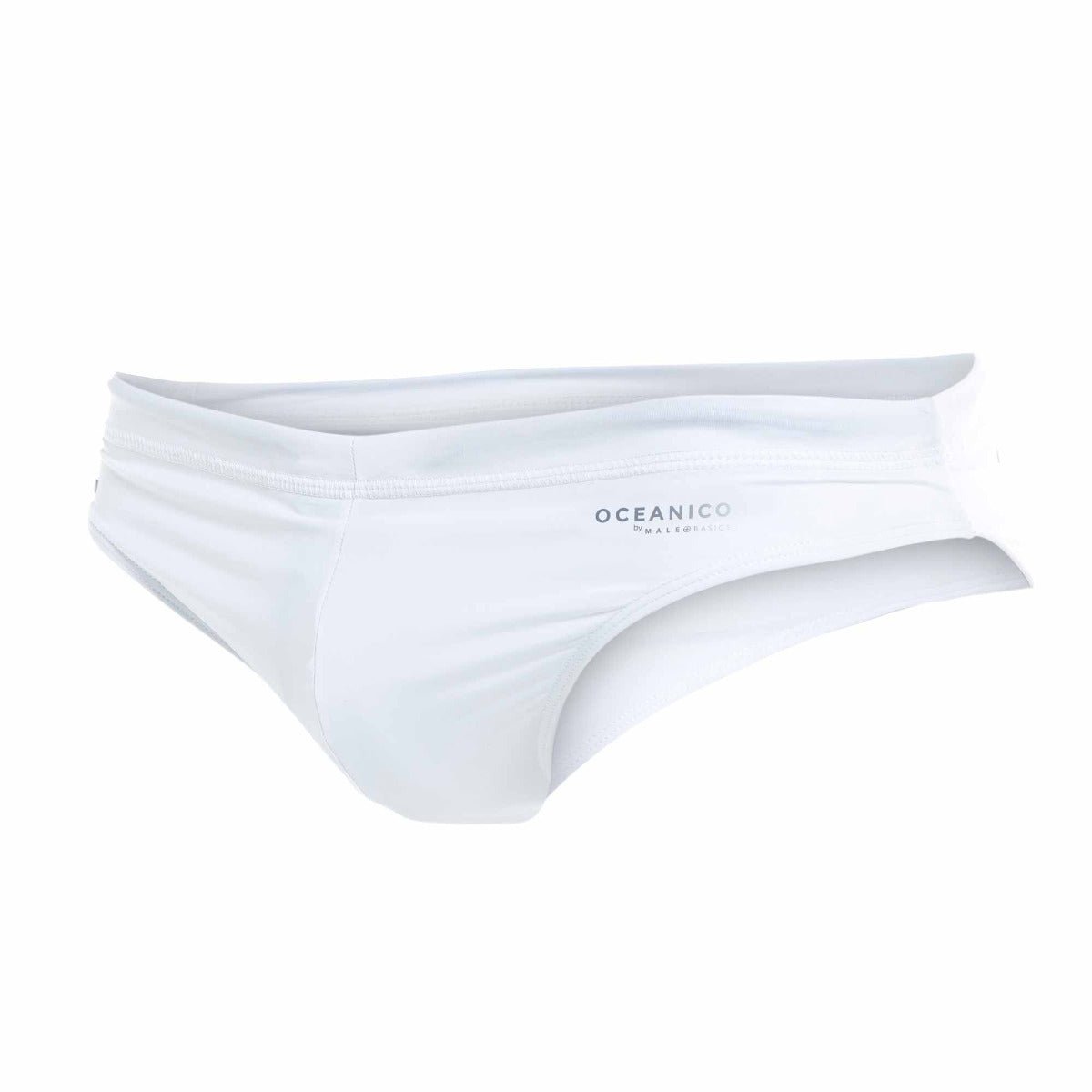 White oceanico swim briefs with sleek form-fitting design and subtle brand logo on the waistband