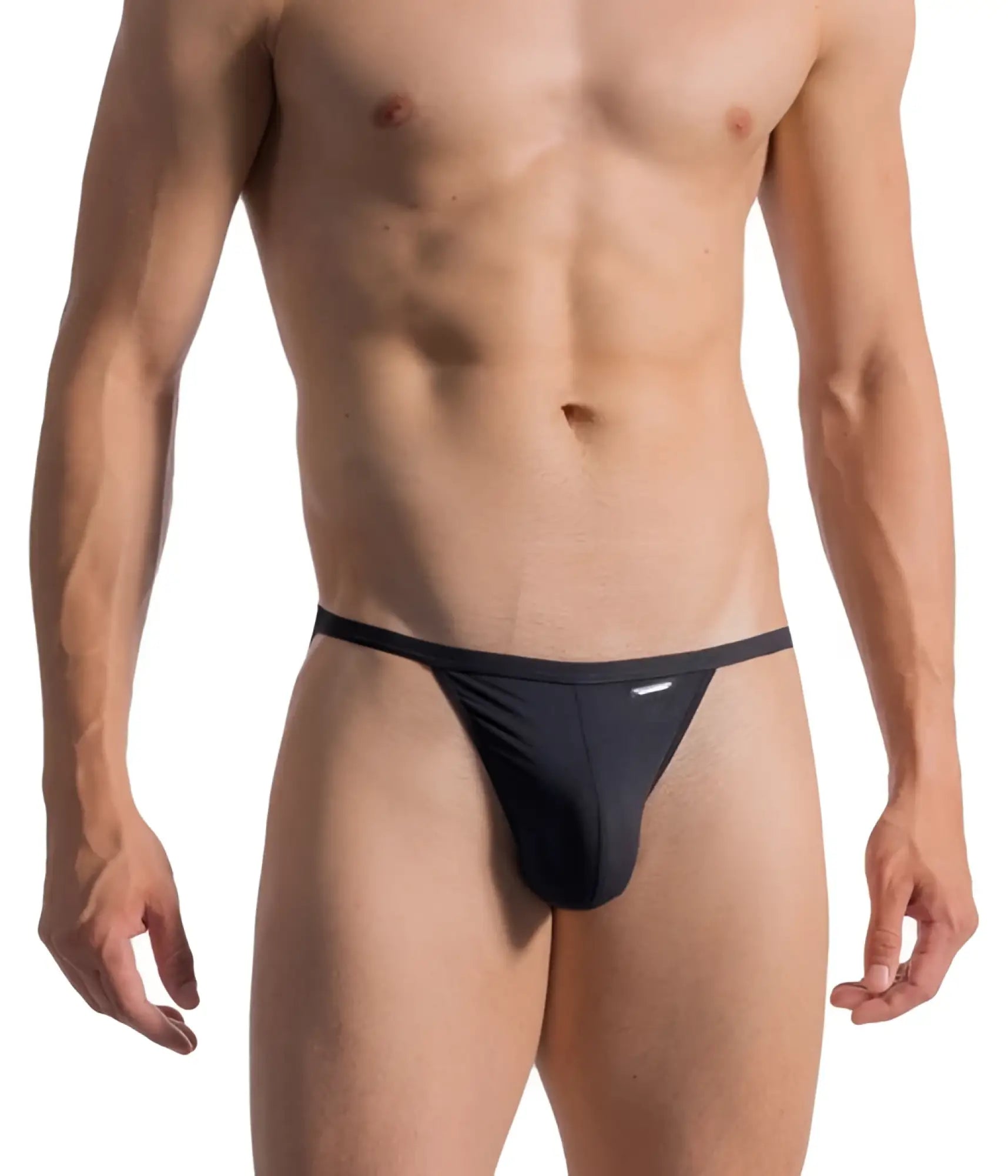 Black form-fitting thong with sleek minimalist design and subtle waistband branding shown from the back by OLAF BENZ 0965 RIOTANGA
