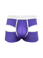 Purple men’s briefs with white trim and open back cut-out design showing the back side of the open back trunk