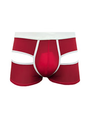 Red and white cut-out boxer briefs with an open back trunk design featuring a sleek modern style