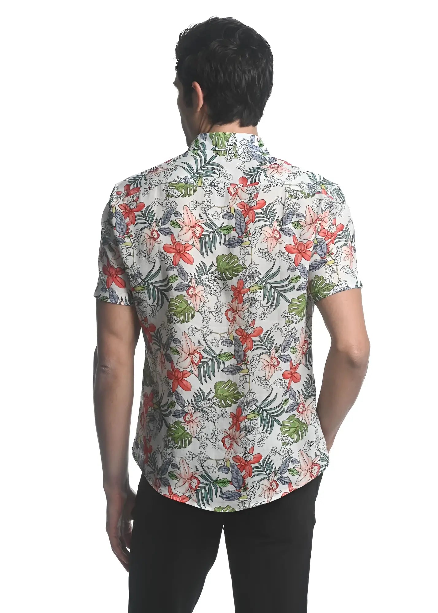 A man wearing an orchids tencel linen short sleeve woven shirt with red green gray floral pattern on off white background