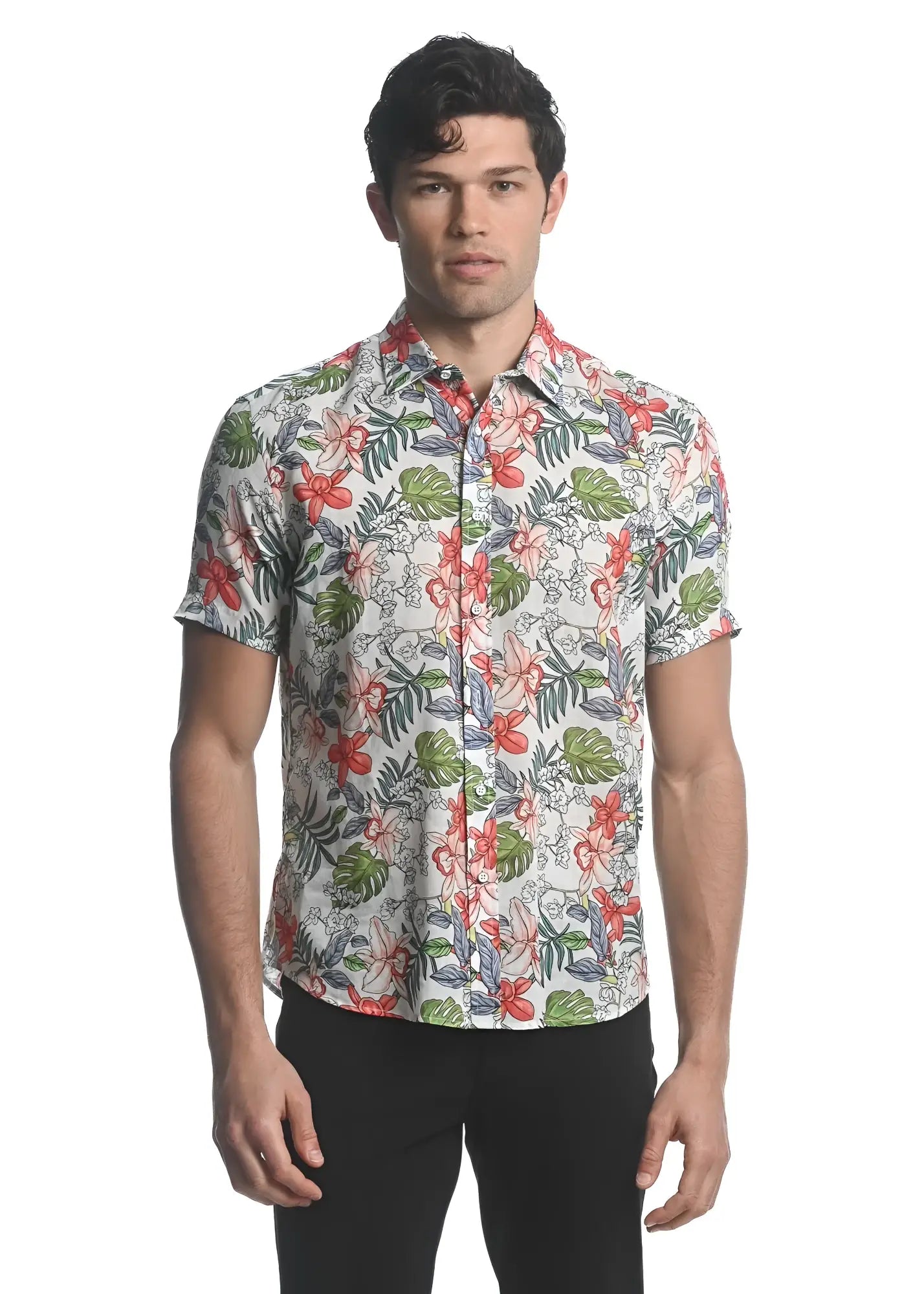 A men’s short-sleeved button-up orchids tencel linen shirt with vibrant tropical floral pattern on beige background