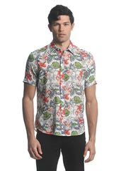 A men’s short-sleeved button-up orchids tencel linen shirt with vibrant tropical floral pattern on beige background