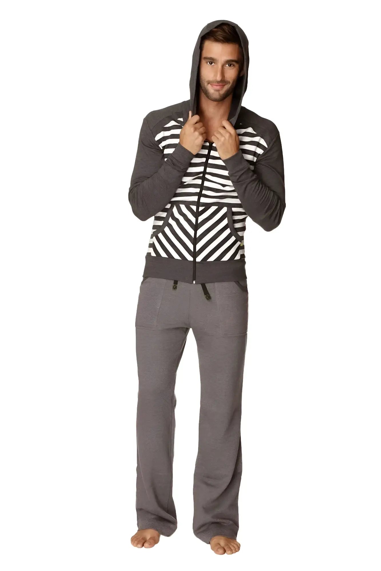 A man wearing a charcoal stripe form-fit crossover yoga track fleece hoodie with matching gray pants in front view