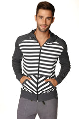 Men’s form-fit crossover yoga track fleece hoodie with bold black and white stripe and charcoal sleeves and hood