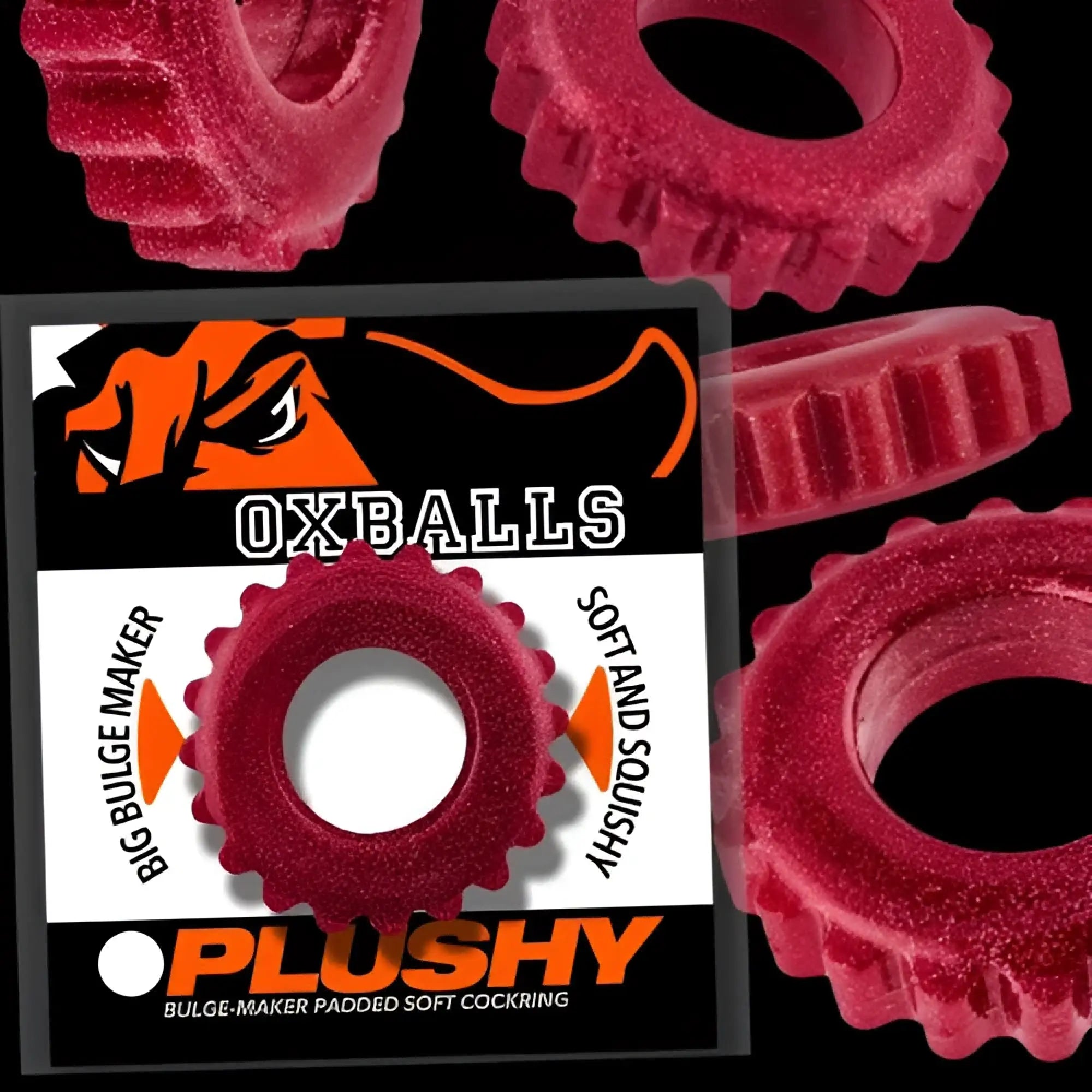 Red textured gear-shaped oxballs plushy cockring made of soft squishy padded material for comfortable wear