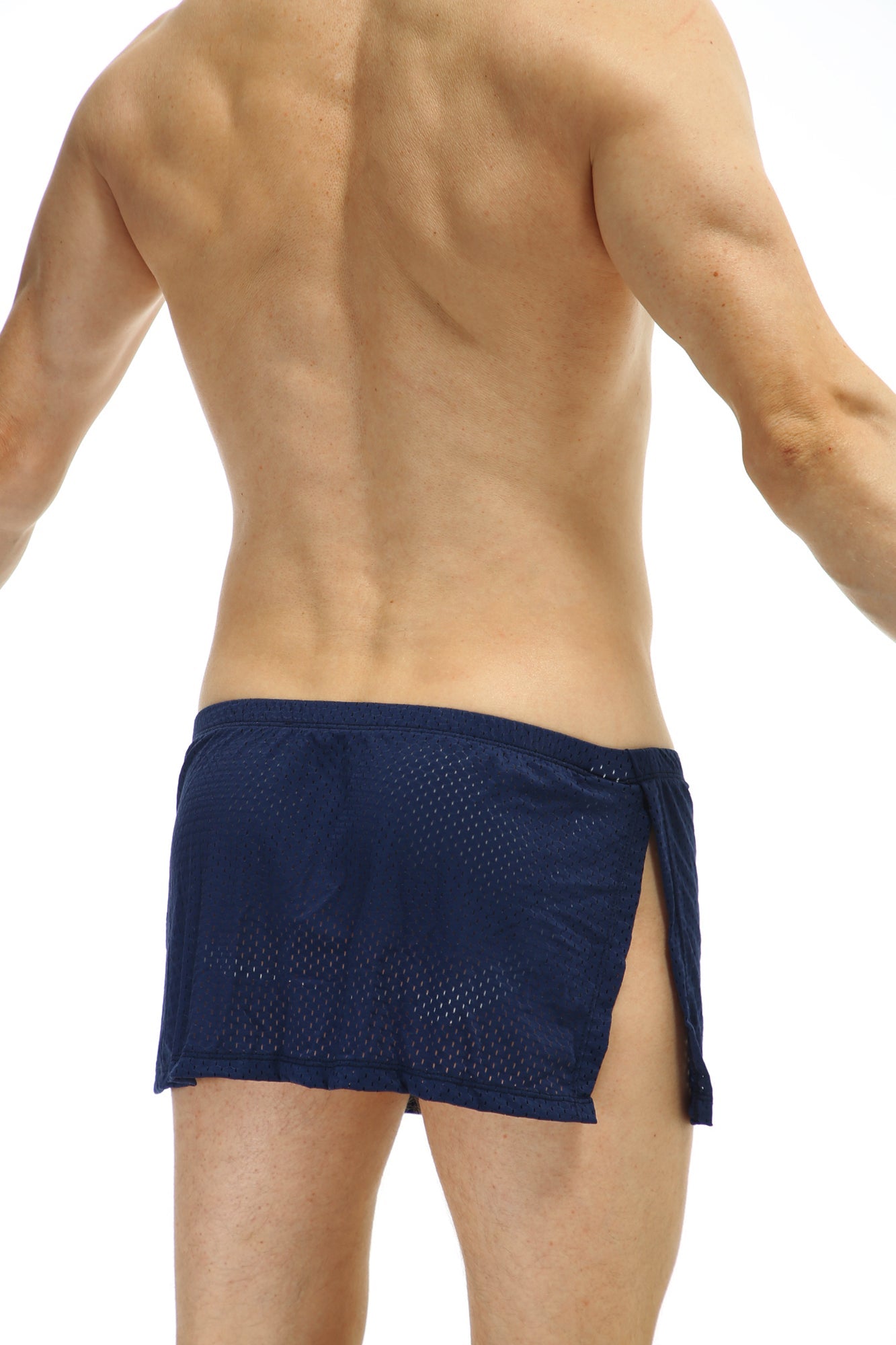 Navy blue mesh athletic loincloth bee shorts with side slit tied waistband and jockstrap by petitq