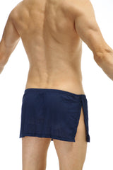 Navy blue mesh athletic loincloth bee shorts with side slit tied waistband and jockstrap by petitq
