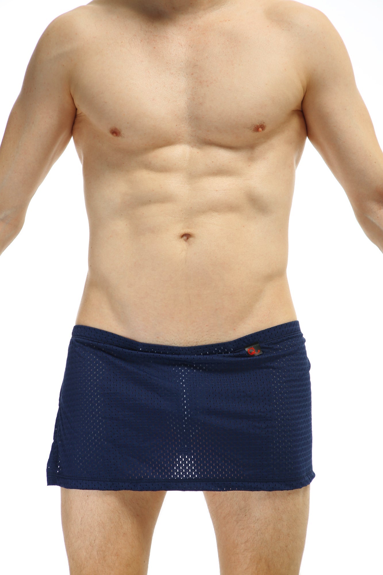 Navy blue PetitQ loincloth bee mesh swim trunks with subtle ribbed texture and orange logo on waistband front view