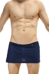 Navy blue PetitQ loincloth bee mesh swim trunks with subtle ribbed texture and orange logo on waistband front view