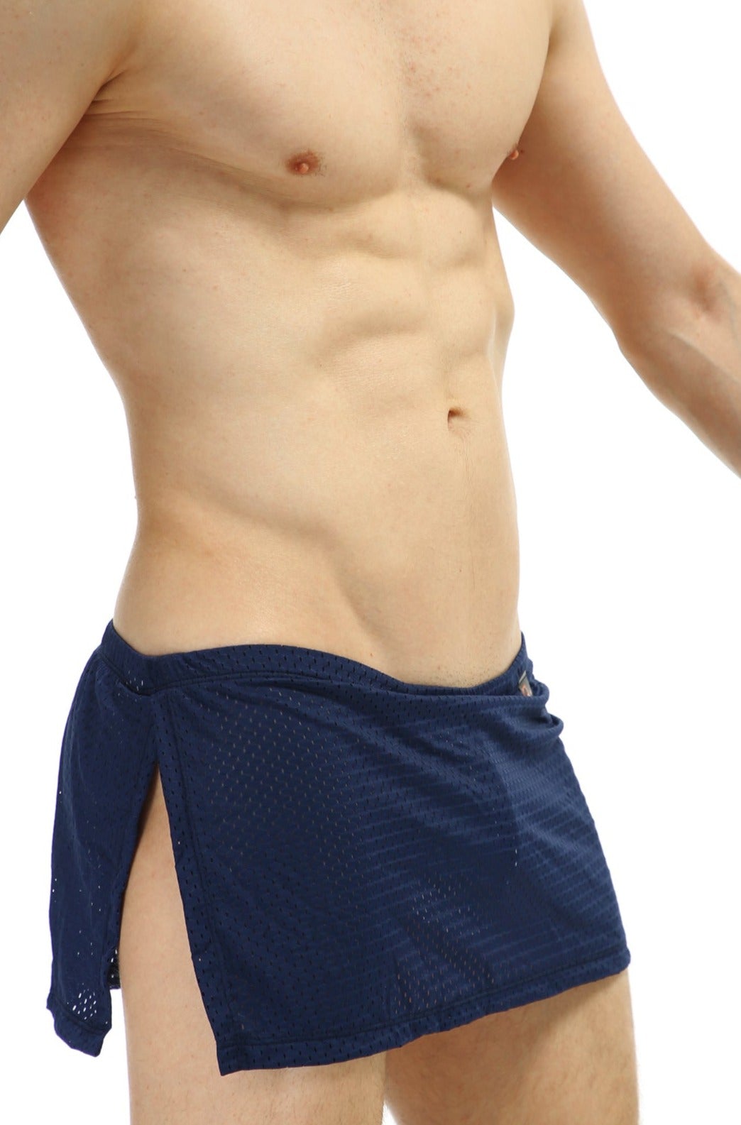 PetitQ loincloth bee navy mesh wrap-around shorts with side slits and tied closure featuring a jockstrap