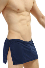 PetitQ loincloth bee navy mesh wrap-around shorts with side slits and tied closure featuring a jockstrap