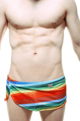 Petitq loincloth brief rainbow mesh swim trunks with rainbow horizontal stripes in red orange yellow green blue light blue