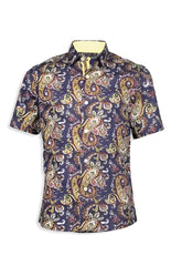 Paisley s s shirt navy blue short-sleeved button-up with vibrant gold red and cream paisley pattern