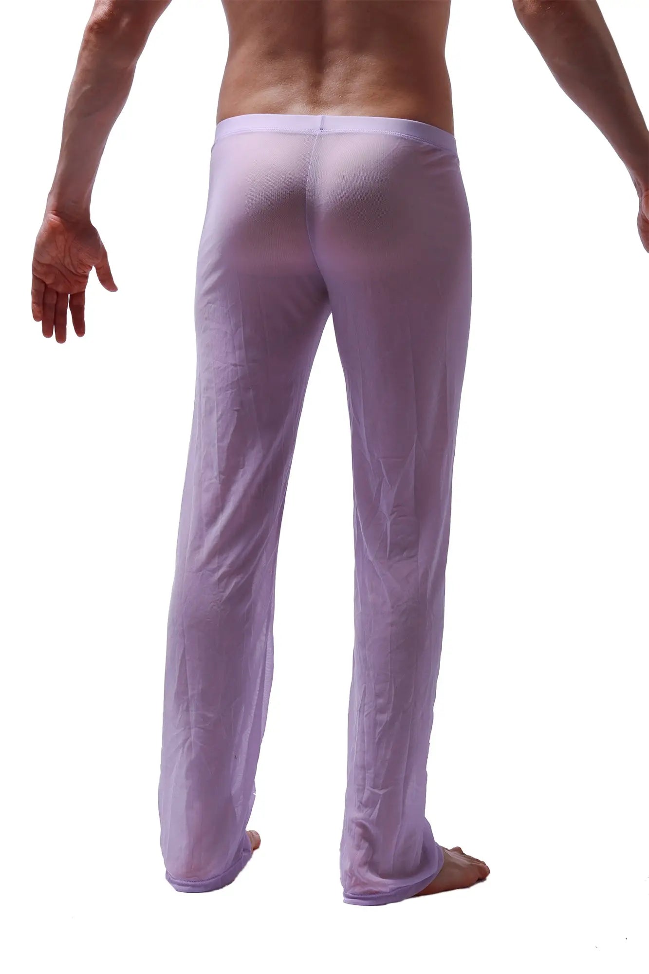 A pair of sheer lavender pants net lilac men’s pajama pants with lightweight smooth fabric and elastic waistband
