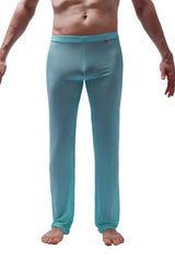 A pair of men’s sheer turquoise lounge pants with a snug fit and elastic waistband in pants net teal collection