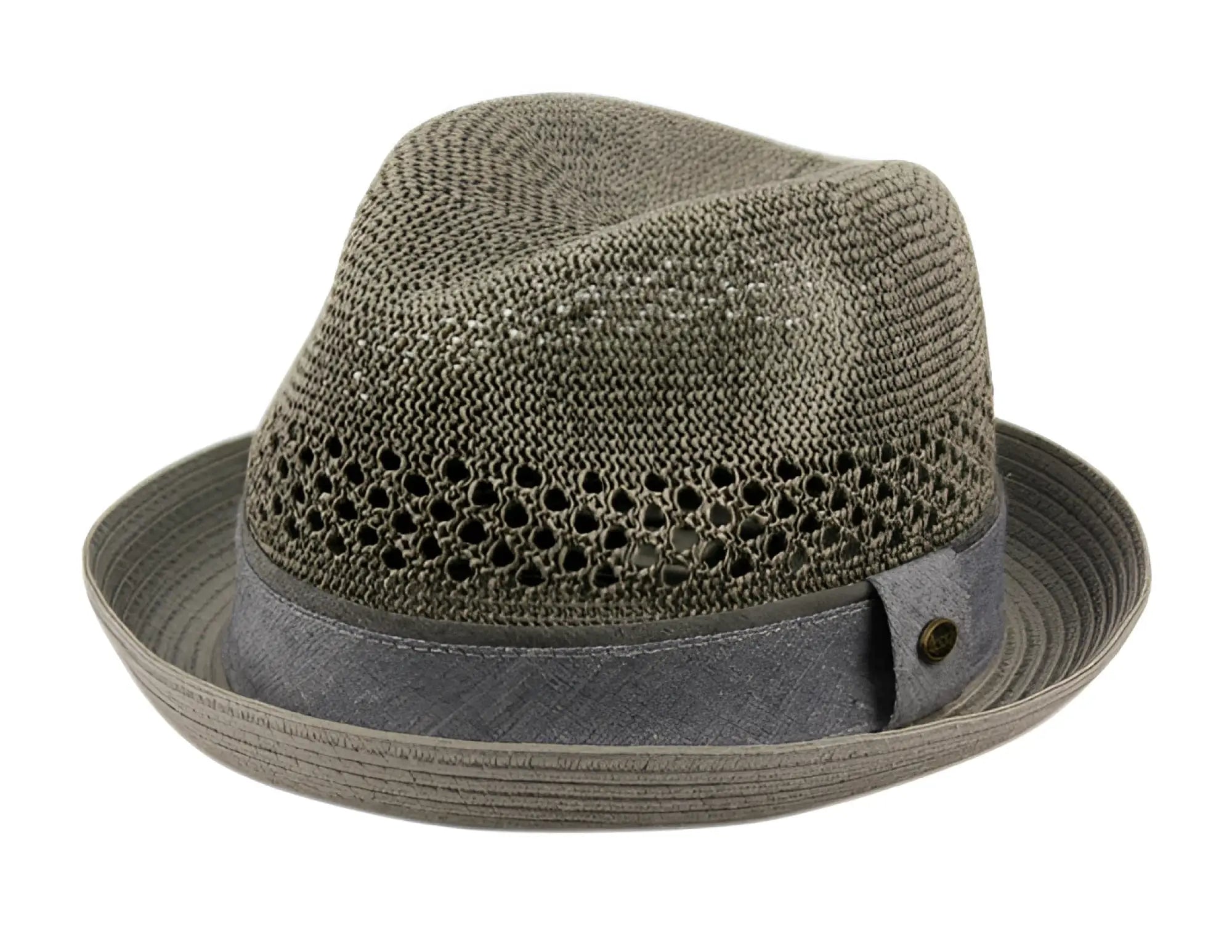Paper straw fedora hat in gray with a breathable woven mesh band and dark gray fabric strap