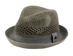 Paper straw fedora hat in gray with a breathable woven mesh band and dark gray fabric strap