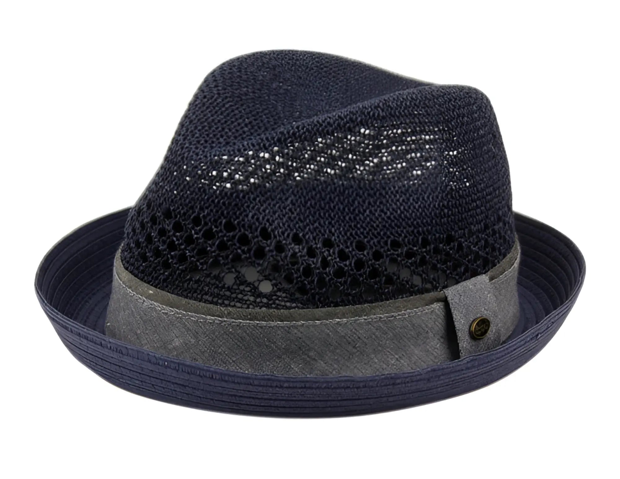 Navy blue paper straw fedora with textured gray fabric band and perforated crown detailing in multiple colors