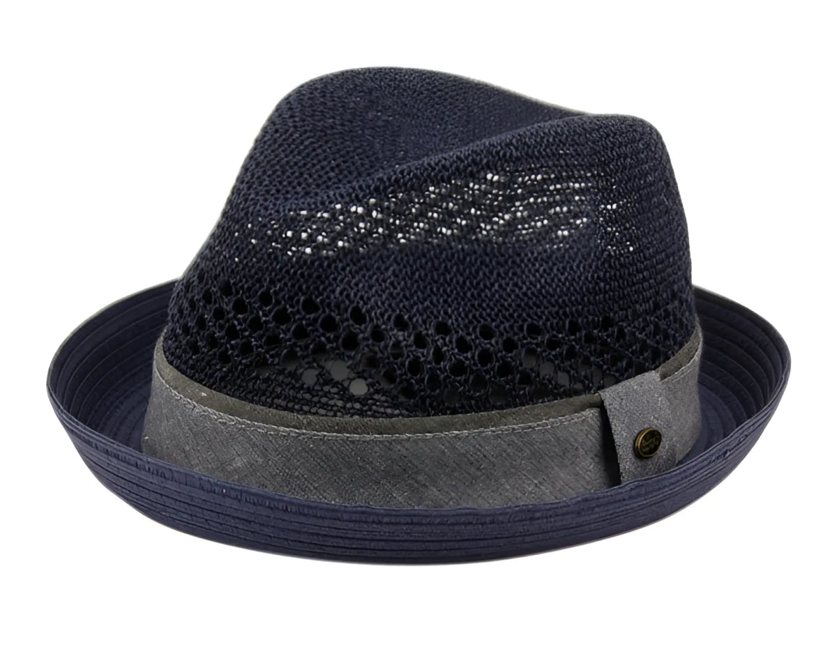 Navy blue paper straw fedora with textured gray fabric band and perforated crown detailing in multiple colors