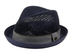 Navy blue paper straw fedora with textured gray fabric band and perforated crown detailing in multiple colors