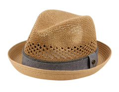 Tan paper straw fedora with gray fabric band and perforated detailing in multiple colors for stylish wear