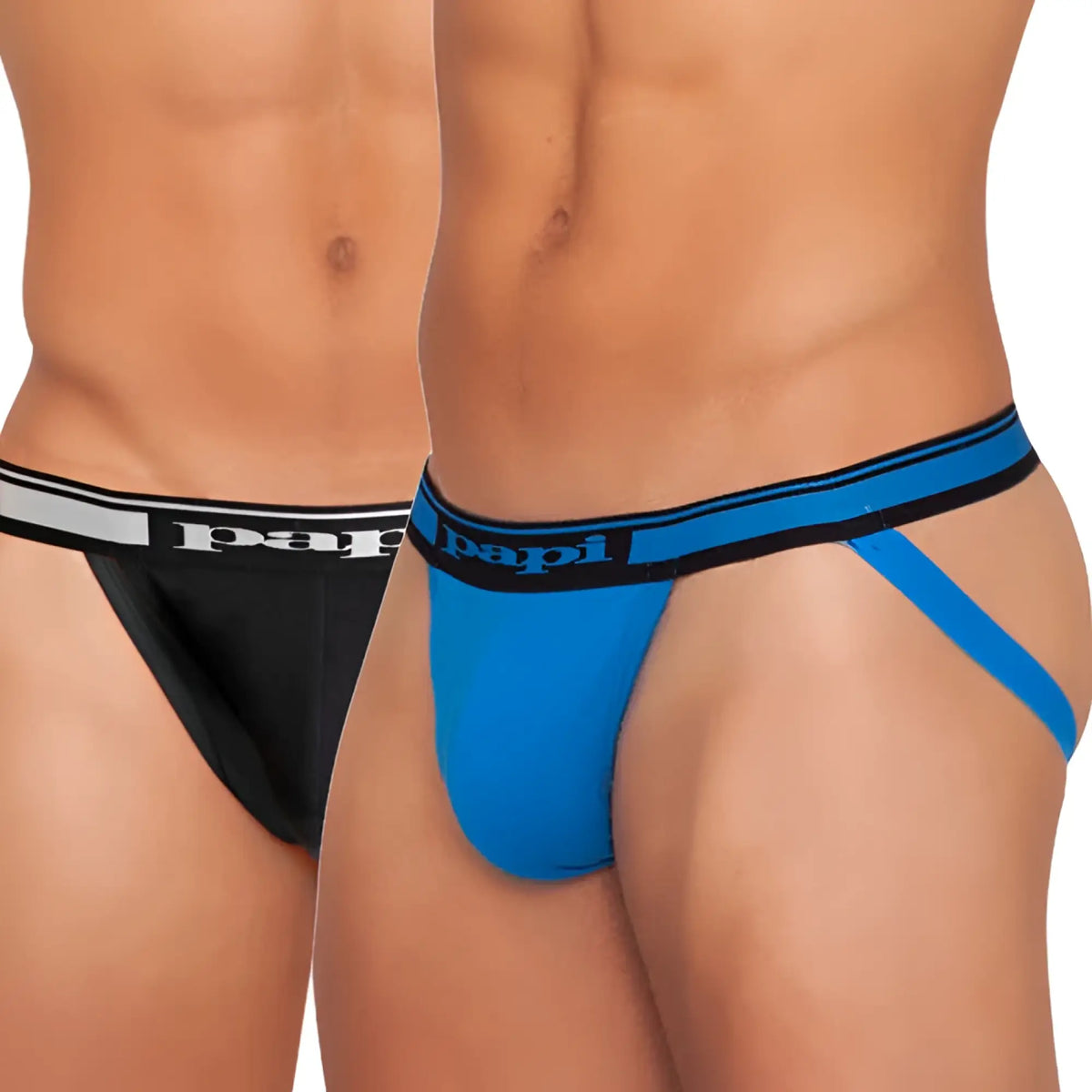 Blue and black papi brand cotton stretch essentials jockstrap with striped waistband size l in a 2 pack