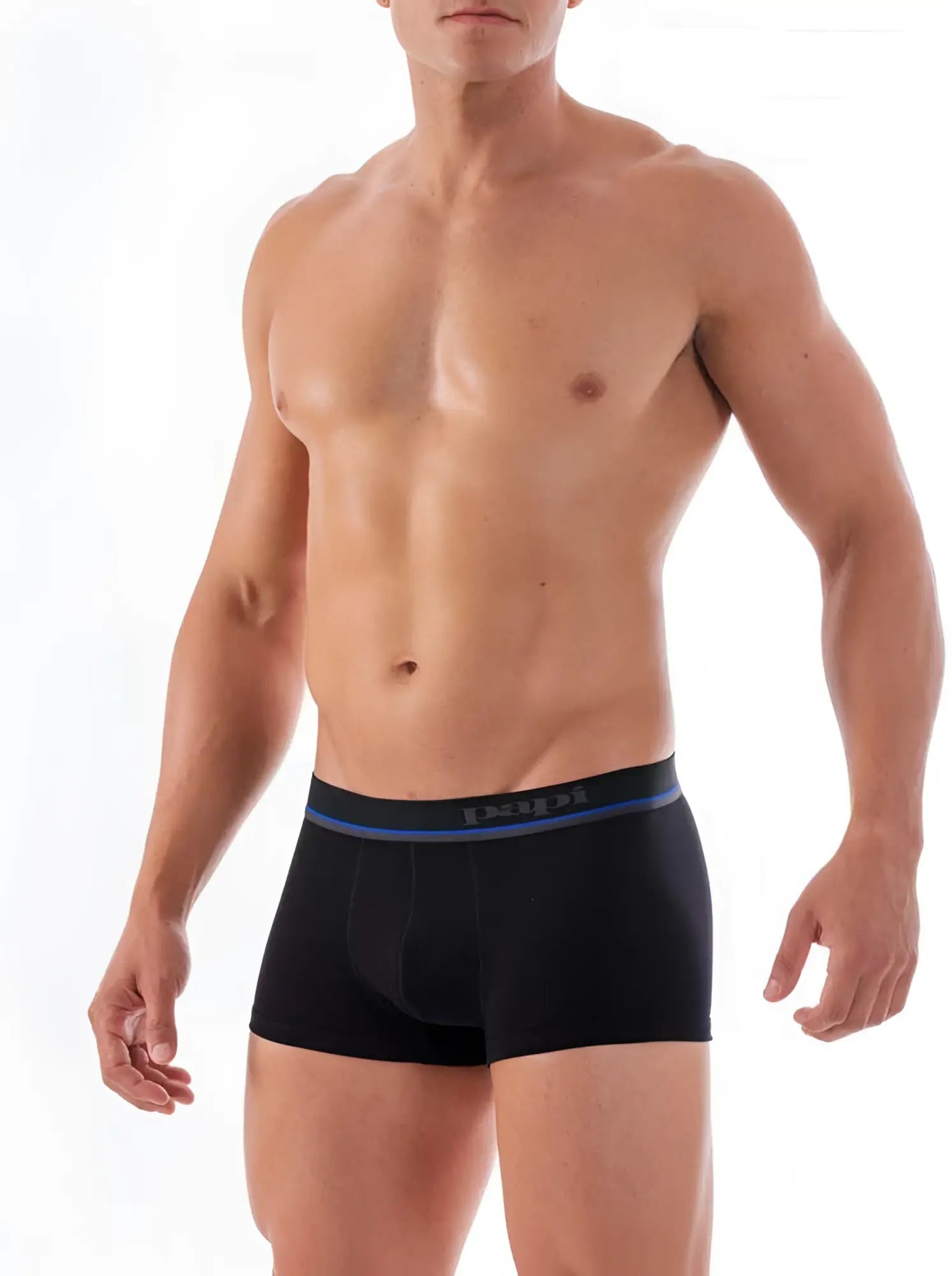 Black cotton stretch boxer briefs with navy blue gray elastic waistband and basic branding size small