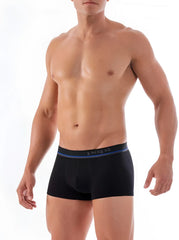 Black cotton stretch boxer briefs with navy blue gray elastic waistband and basic branding size small