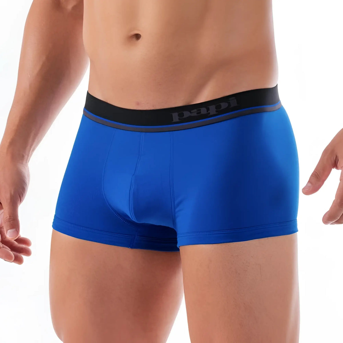 Bright blue cotton stretch mens briefs with black elastic waistband and gray papi brand logo size small
