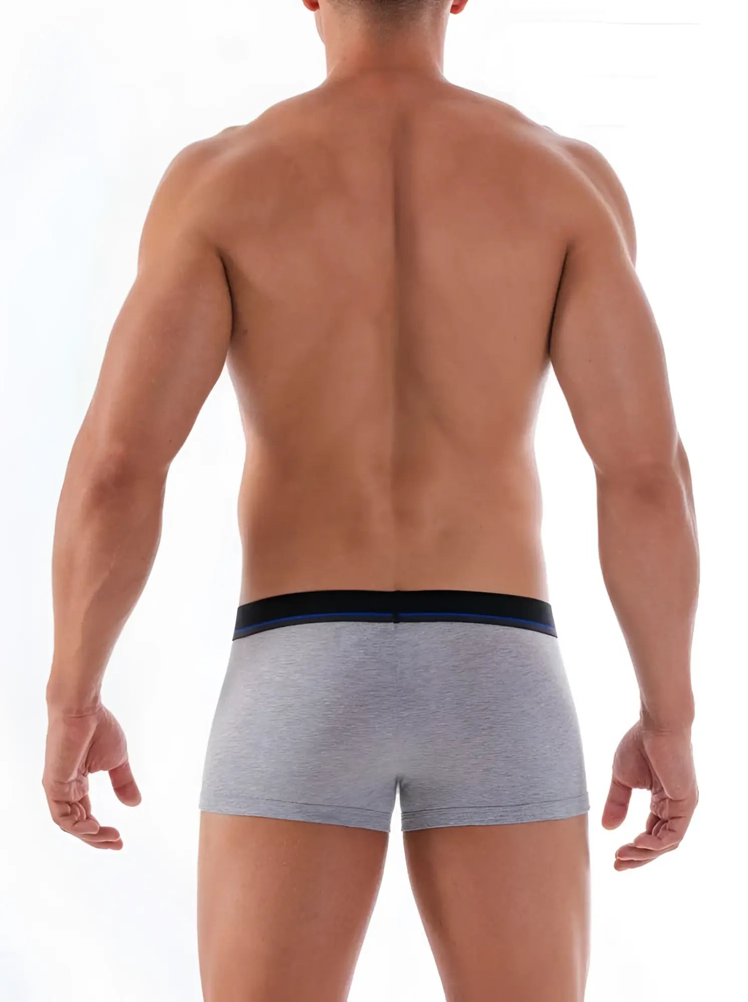 Gray heathered cotton stretch briefs with black waistband and thin blue stripe from papi 3 pack brazilian trunk underwear size s