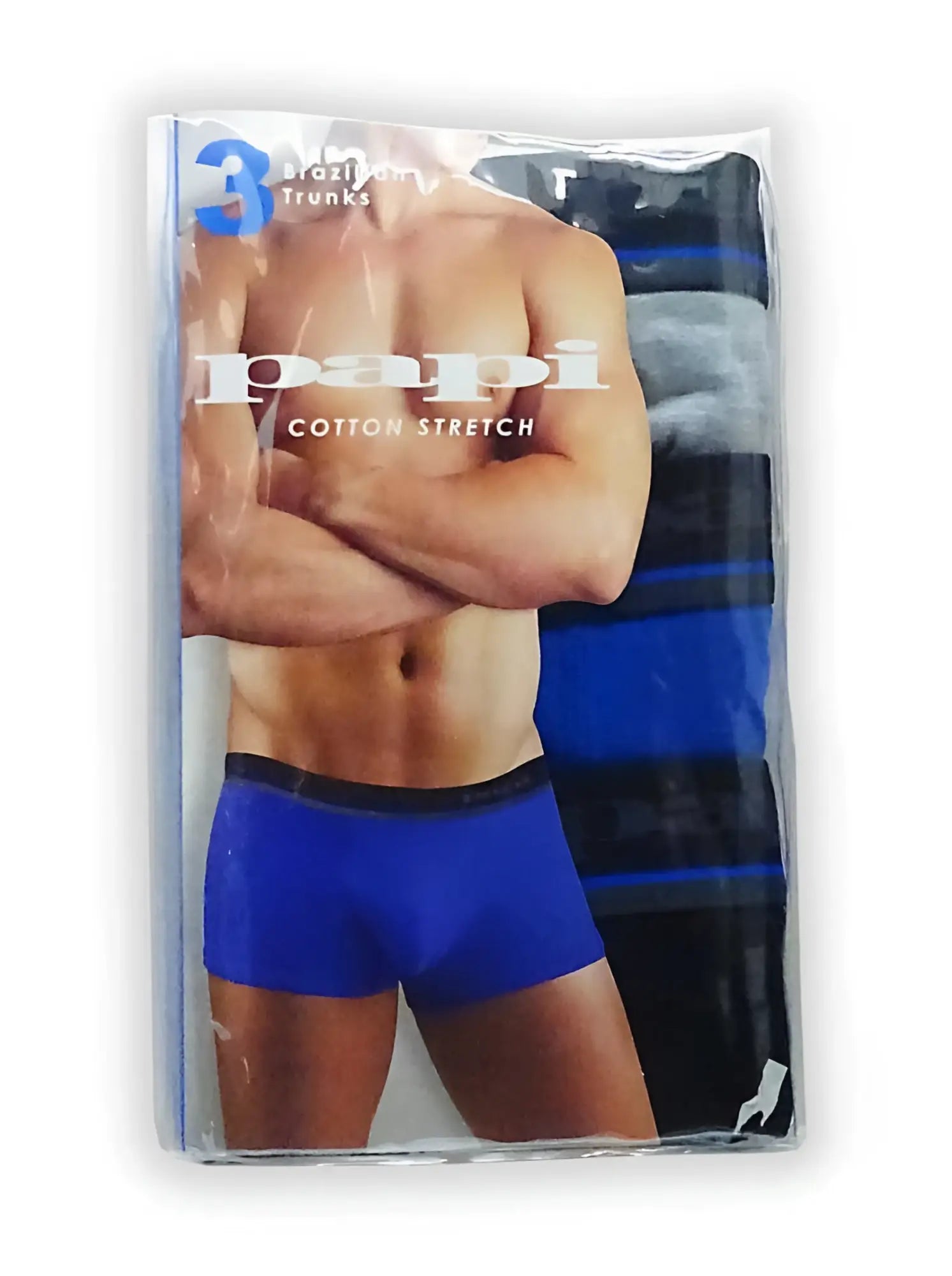 Papi 3 pack cotton stretch blue mischief brazilian trunk underwear with black waistband in clear plastic sleeve size s