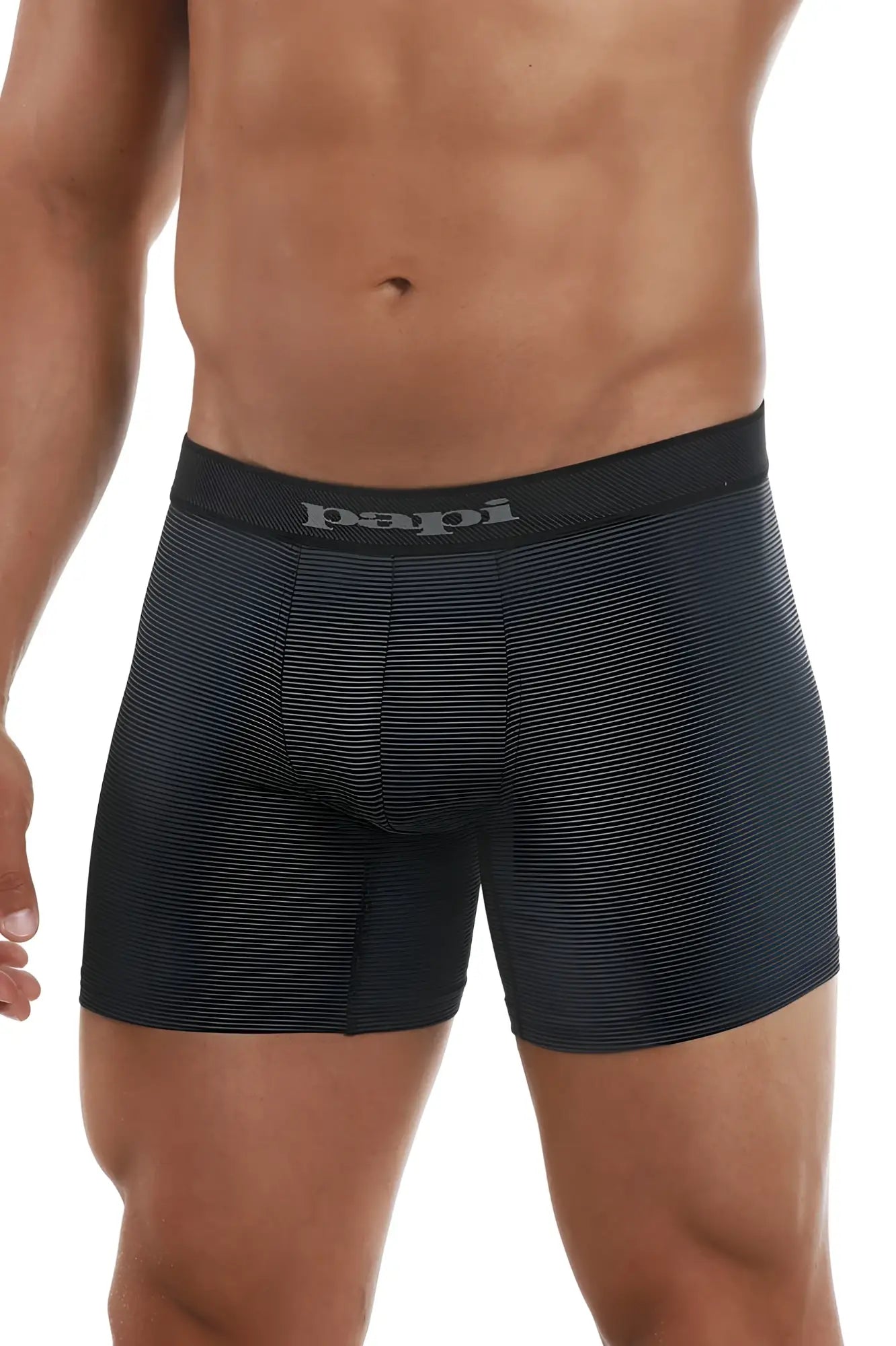 Black papi cool2 2pk solid boxer briefs in black and gray with subtle textured pattern and matching elastic waistband
