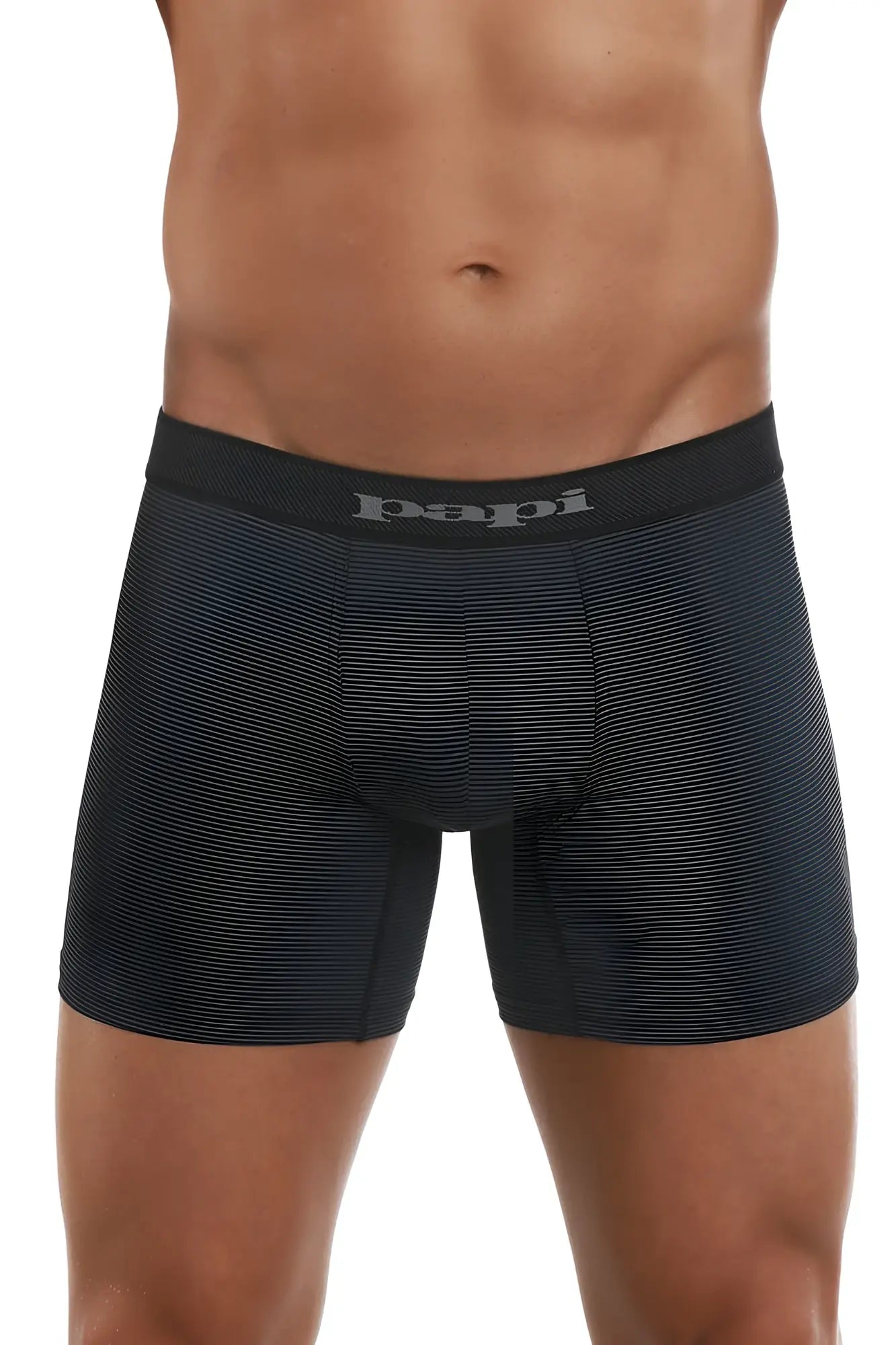 Black papi cool2 solid boxer briefs in black and gray with ribbed fabric and matching elastic waistband two pack